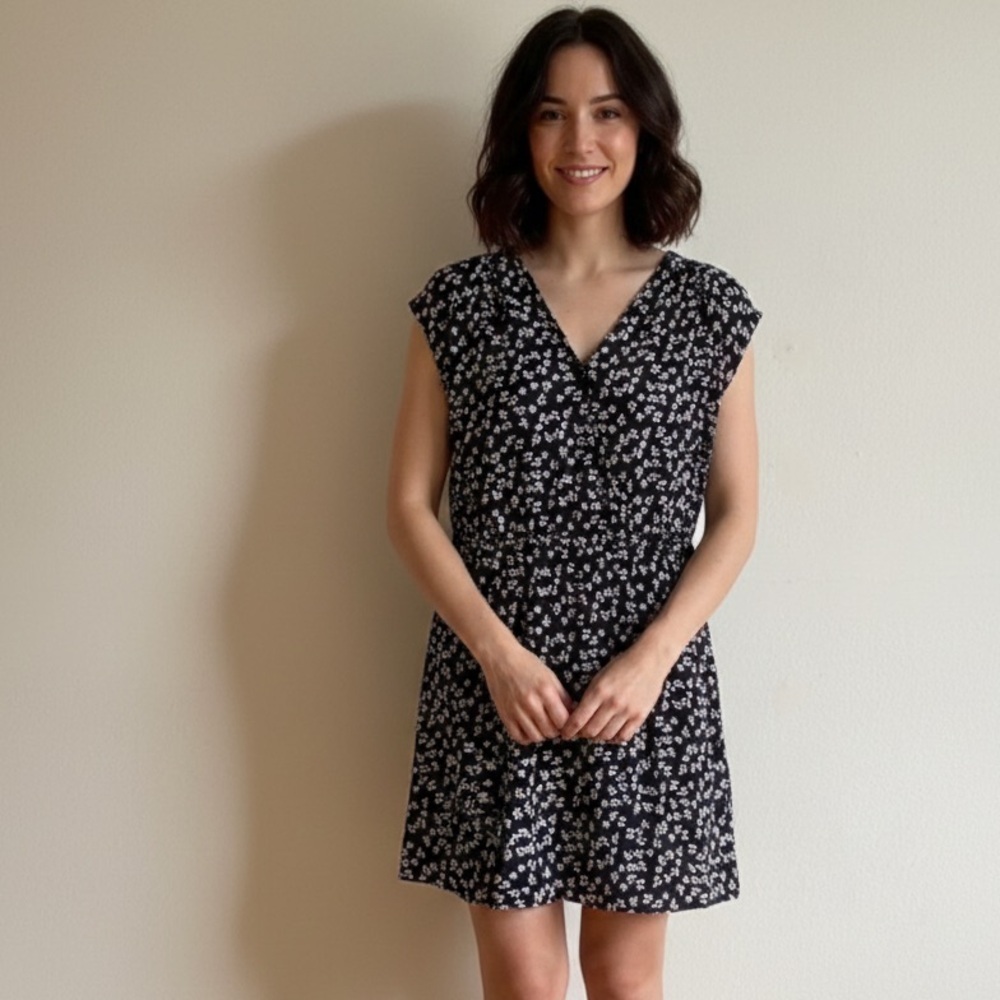 Mango Sz M Cottagecore Black and White Floral Feminine Romantic Mini Dress